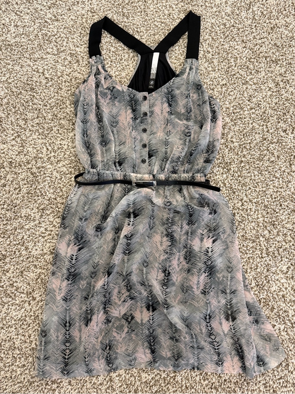 Kensie Black & Blush Feather-Print Mini Dress with Belt